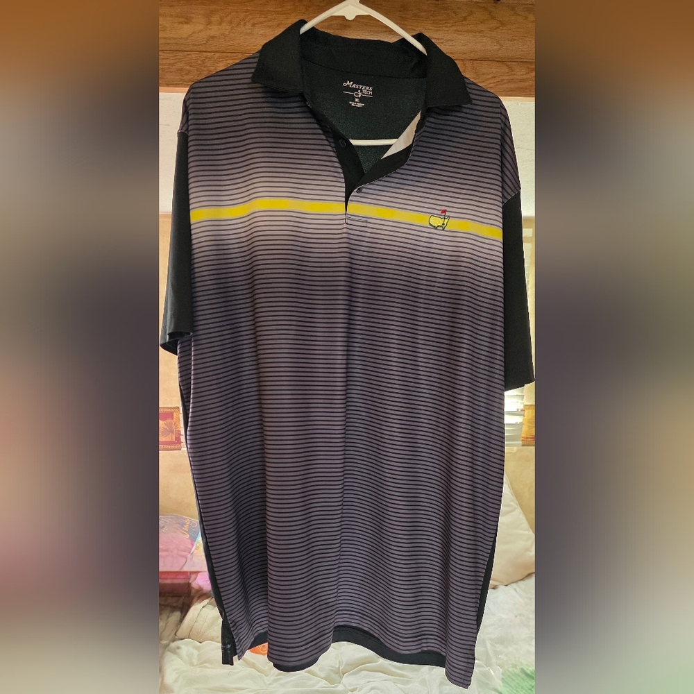 Masters Tech Shirt Mens XL Gray Yellow Stripe Polo Golf Augusta Logo‎